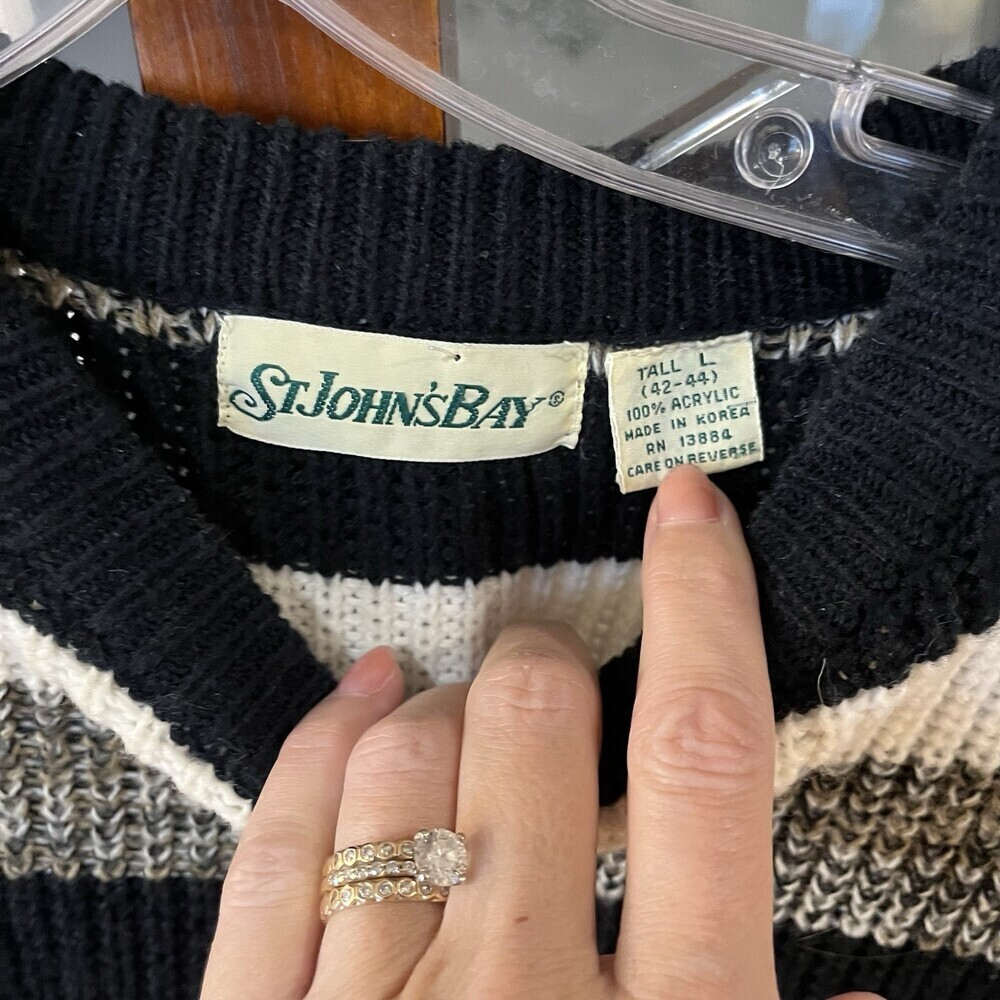 St. John’s Bay Women’s L Tall Striped Knit Sweater Black White Gray Crewneck - Picture 11 of 13